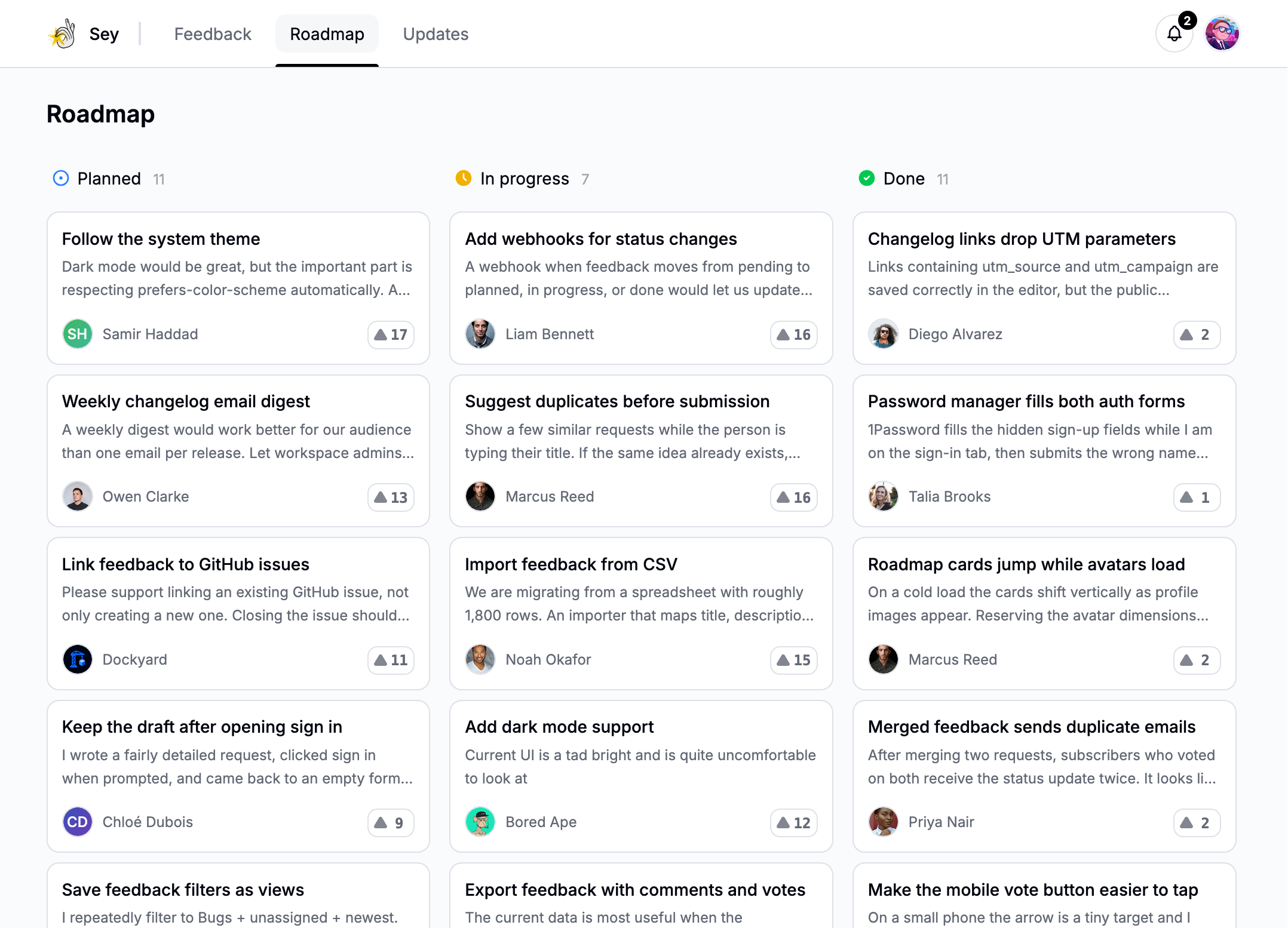 Sey roadmap showing customer requests organized by product status