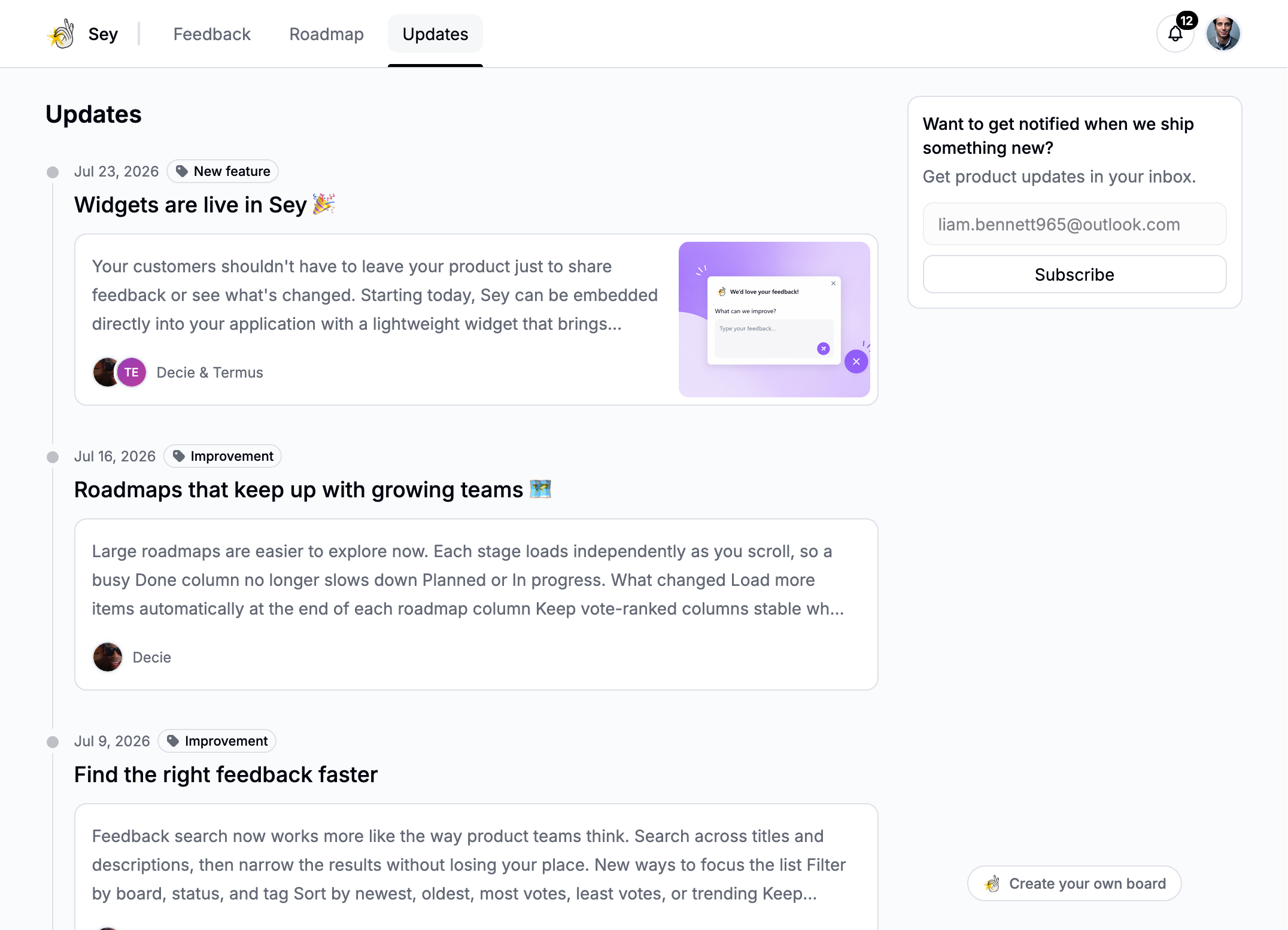 Sey changelog editor with a published product update