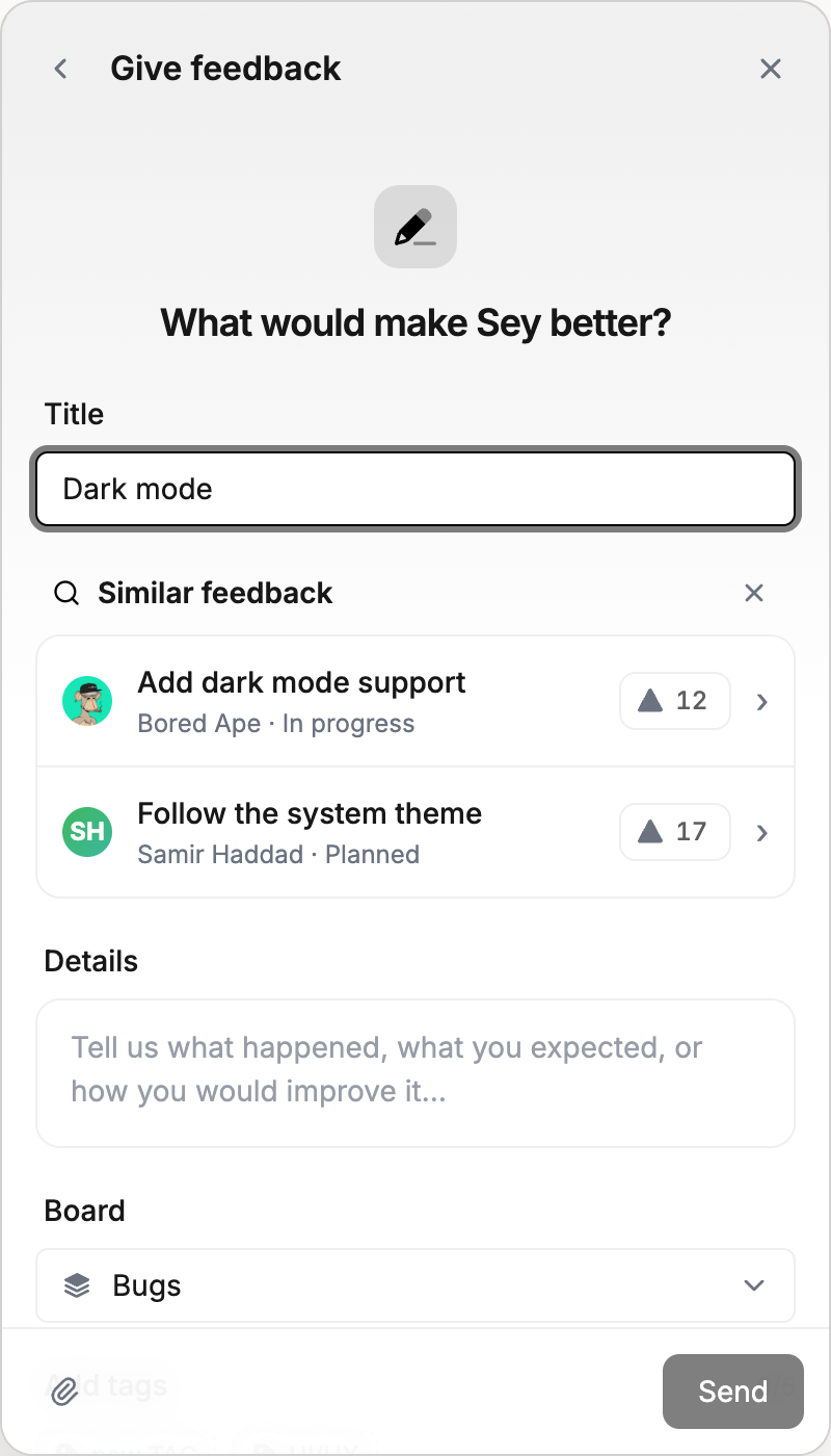 Sey feedback composer with similar feedback, attachments, boards, and tags