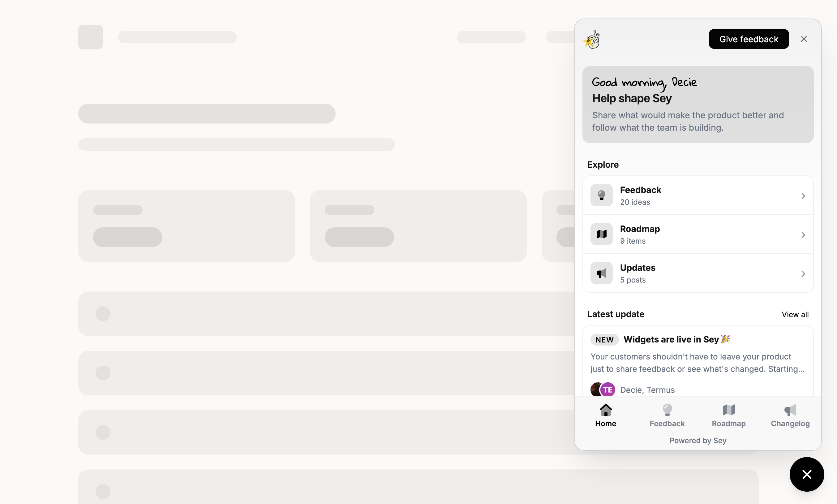 The Sey in-app widget showing personalized feedback, roadmap, and product update entry points inside a product
