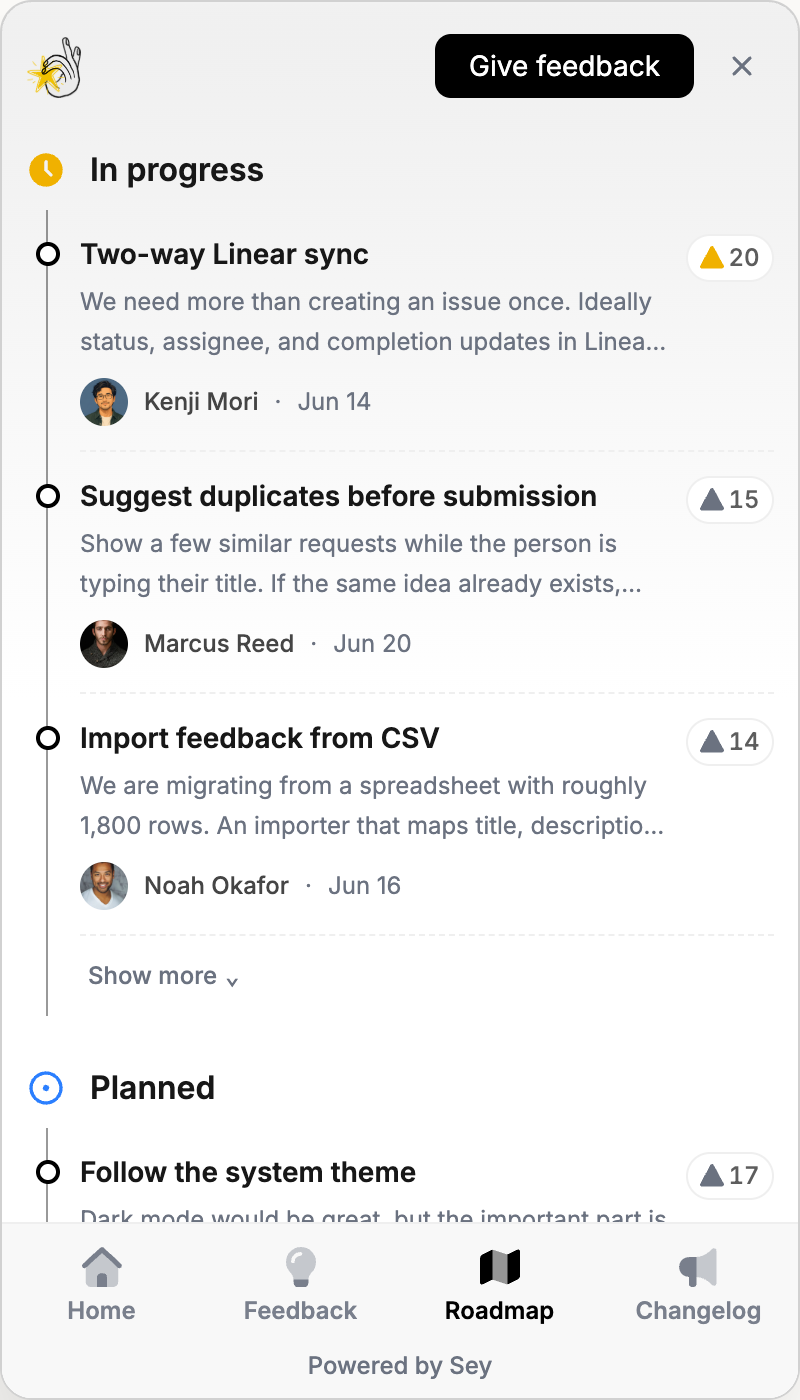 Sey widget roadmap showing in-progress, planned, and completed customer requests