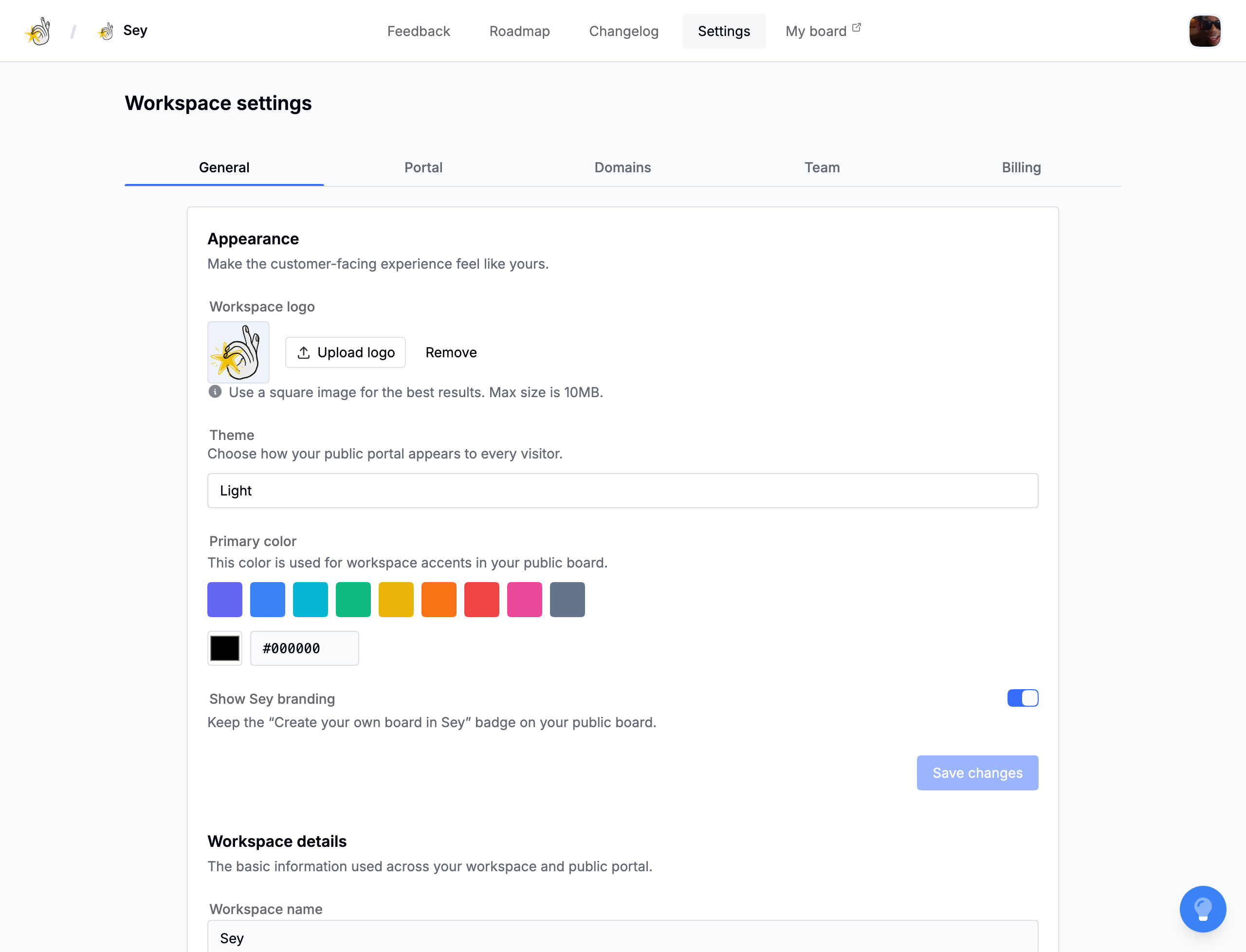 Workspace general settings: name, logo, theme, and accent color