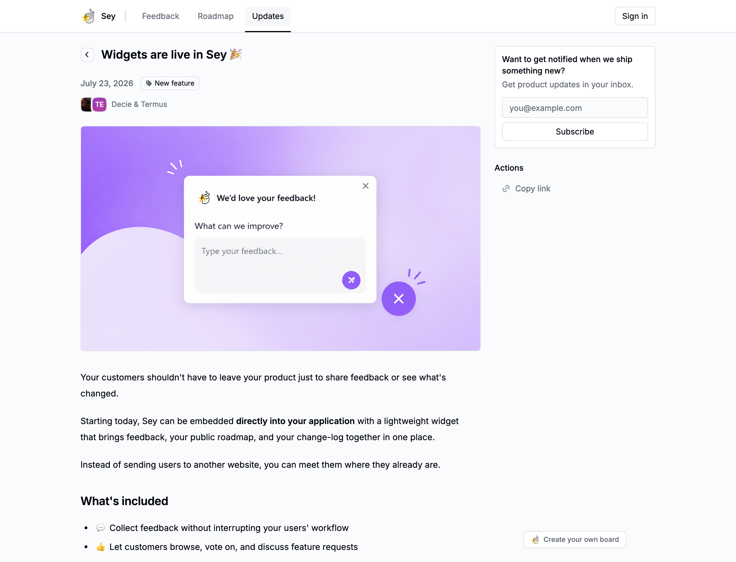 A published changelog post with cover image, author, and tags