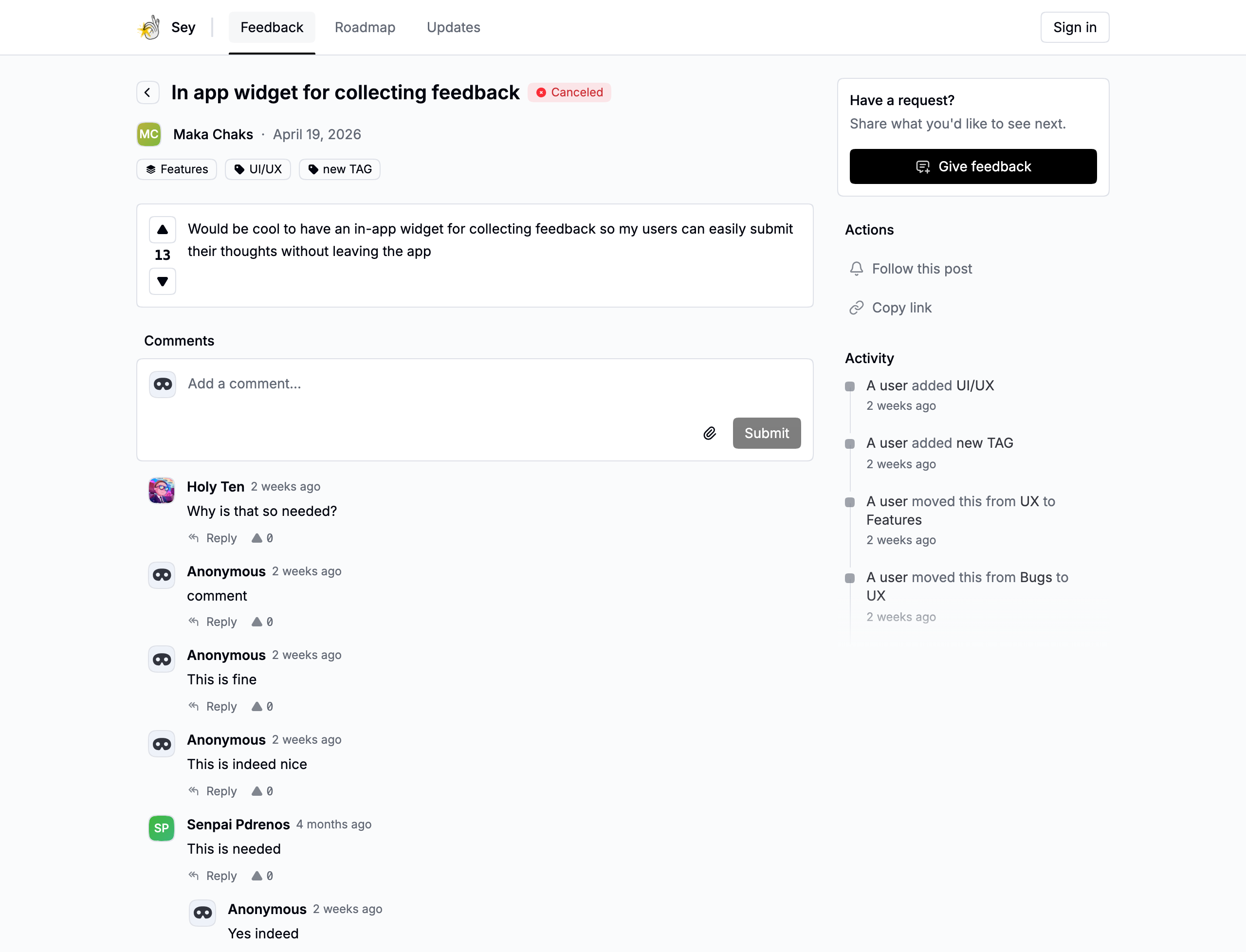 Threaded comments on a feedback submission