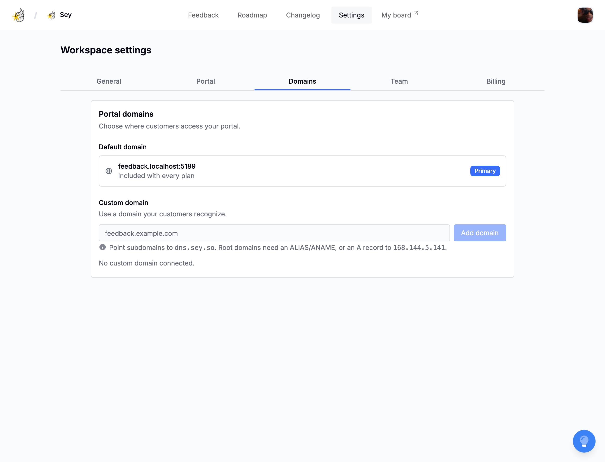 The domains section in general settings listing a generated and a custom domain