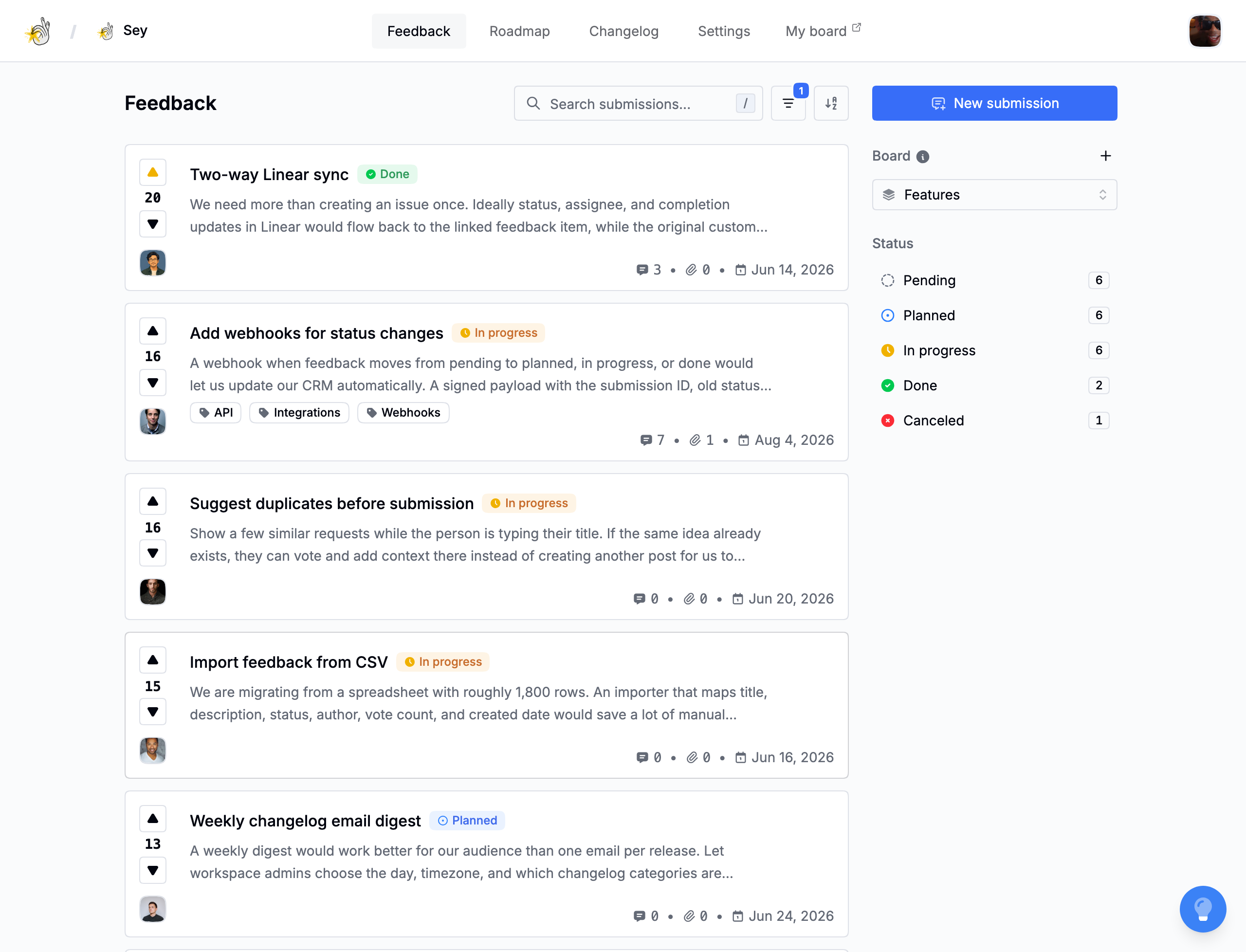 The feedback inbox filtered by board