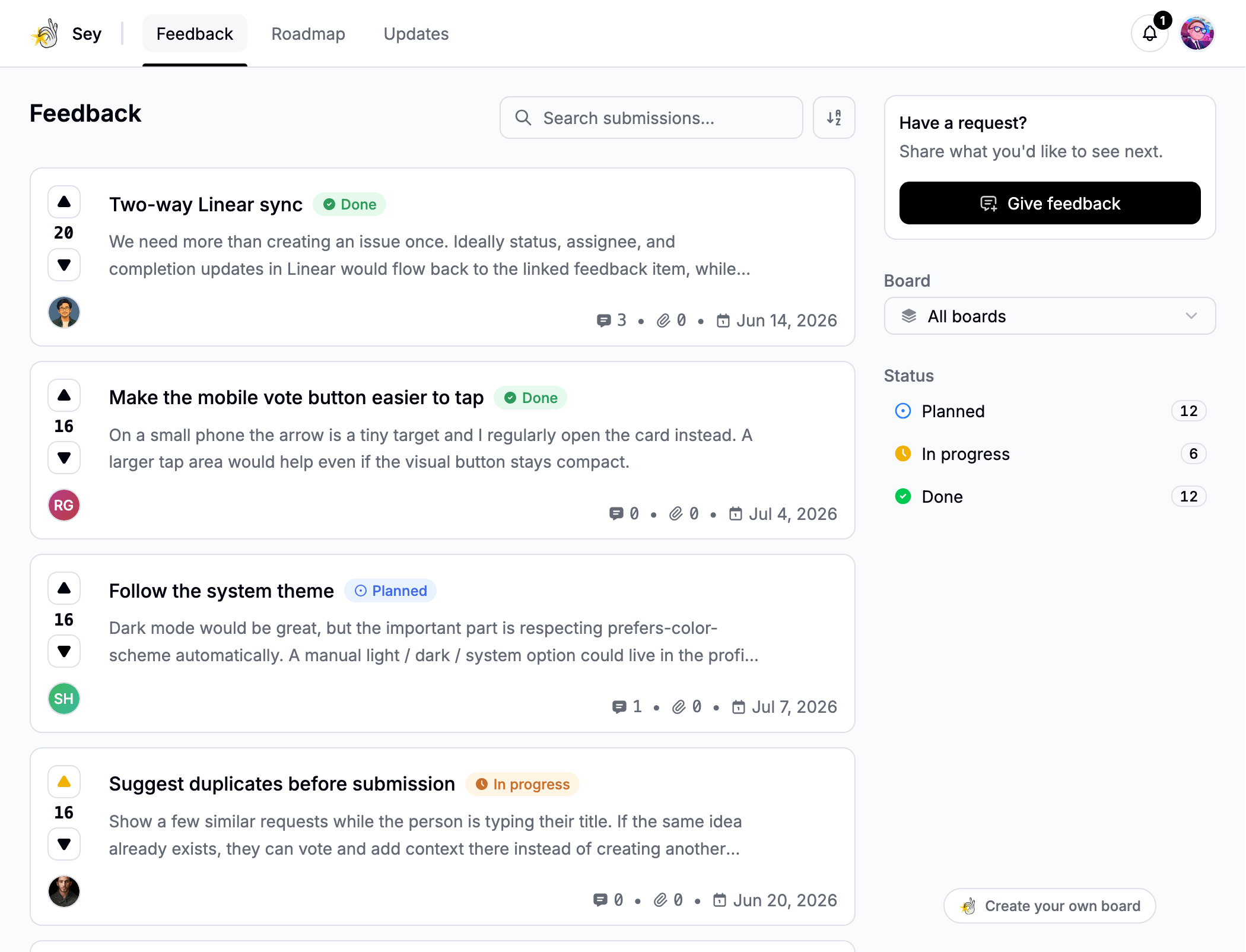 A Sey public feedback portal with submissions, voting, search, and filters