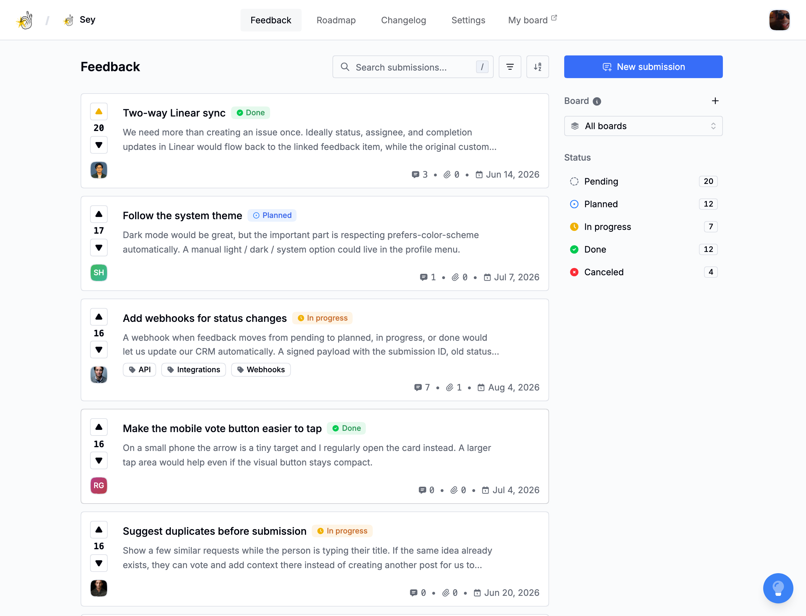 The feedback inbox with search, filters, and status counts
