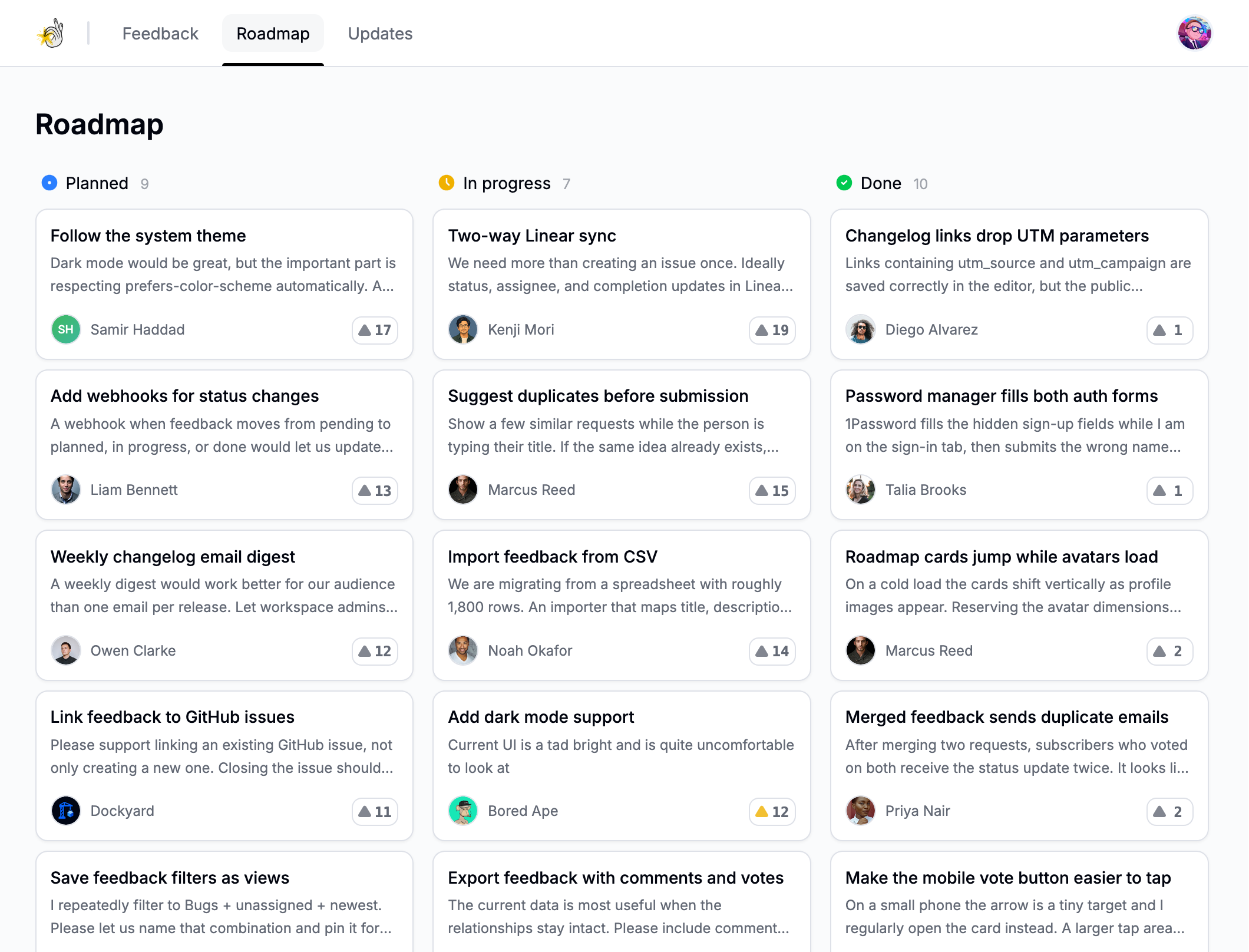 A Sey public roadmap with planned, in-progress, and done feedback