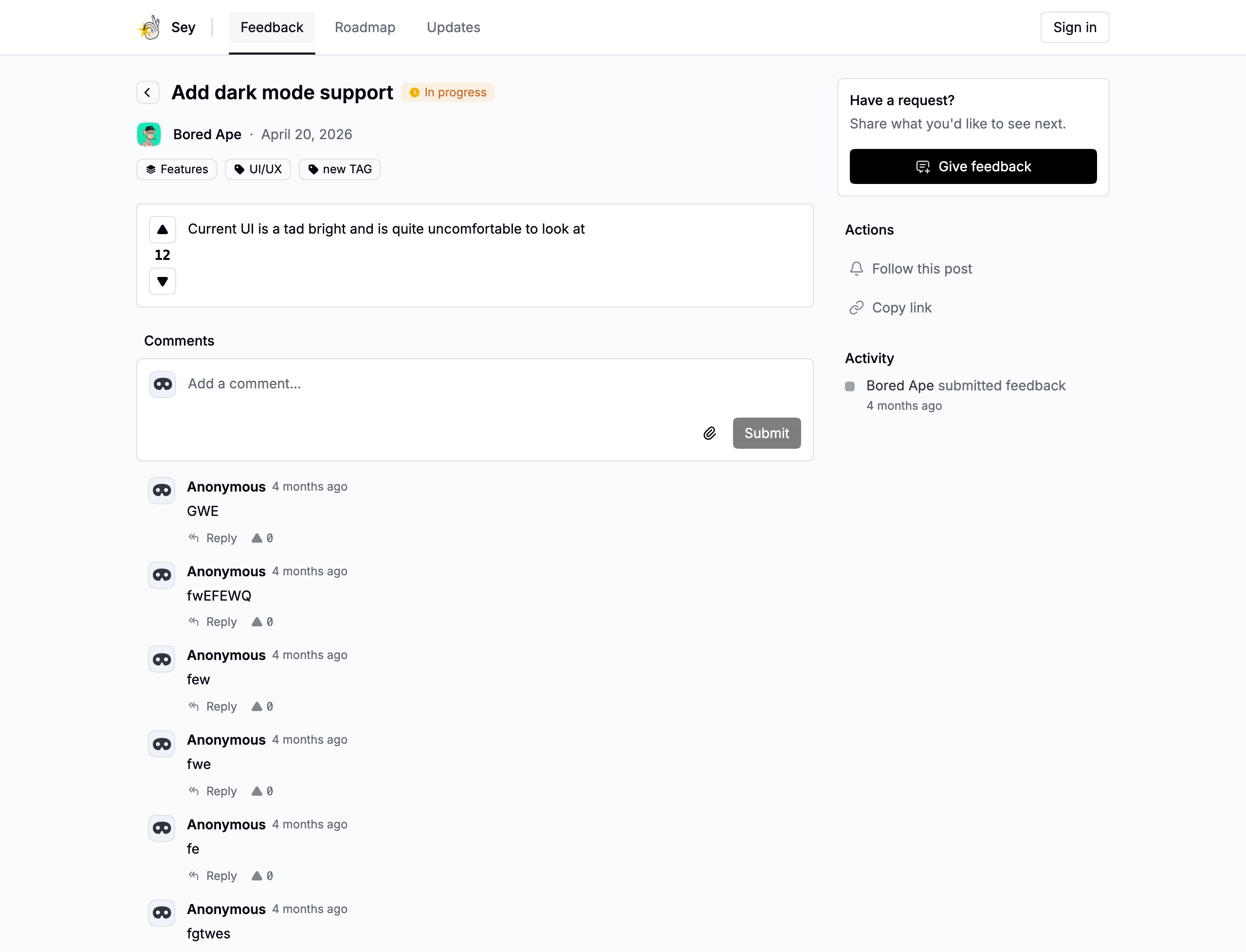 A feedback submission with status, votes, and comments