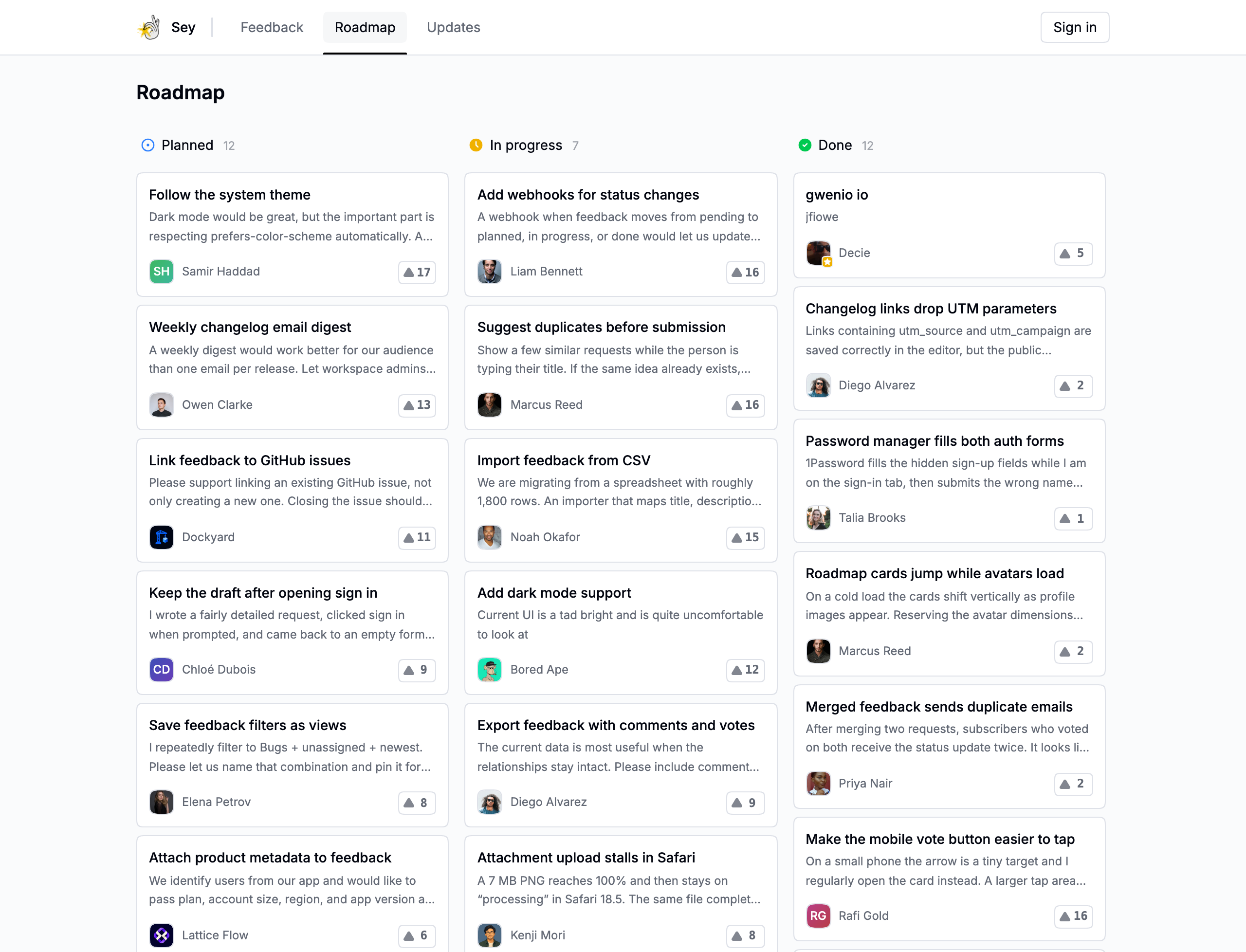 The public roadmap with planned, in progress, and done columns